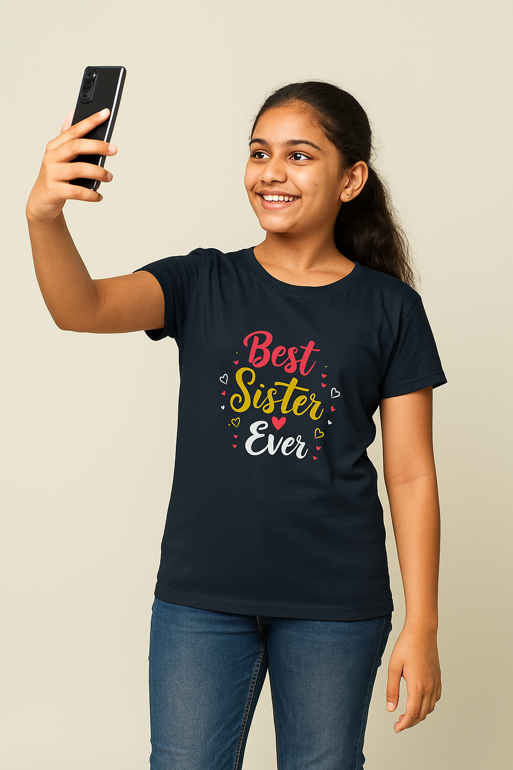 Girl wearing a black t-shirt with 'Best Sister Ever' text, taking a selfie.