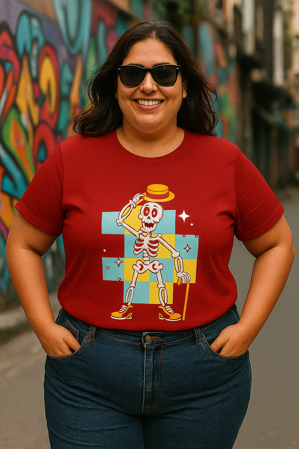 Person wearing a red t-shirt with a colorful skeleton design in an urban setting.