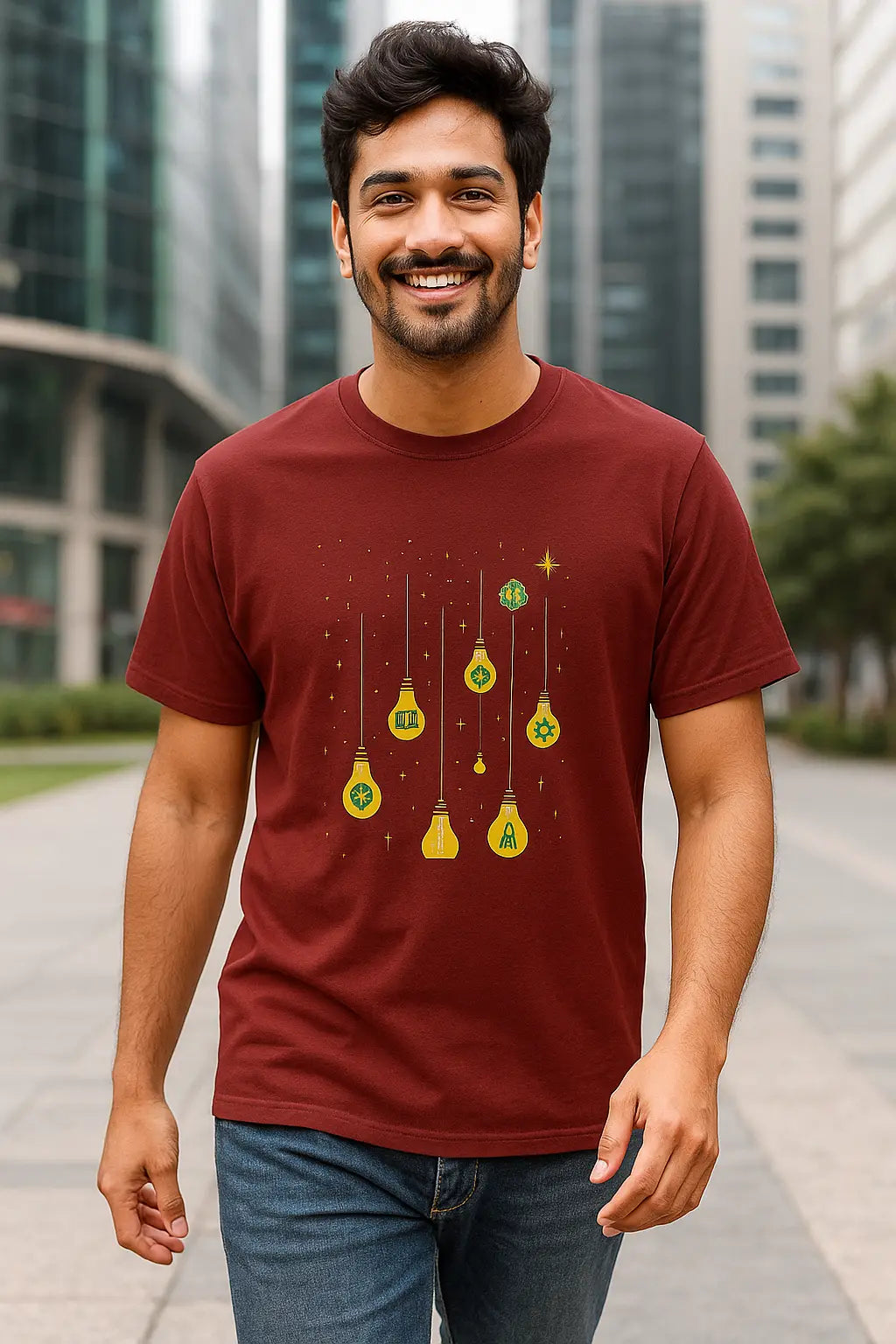Man wearing a maroon t-shirt with a graphic design in an urban setting