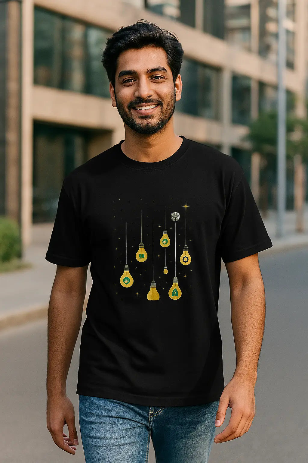 Man wearing a black t-shirt with a graphic design, standing outdoors.