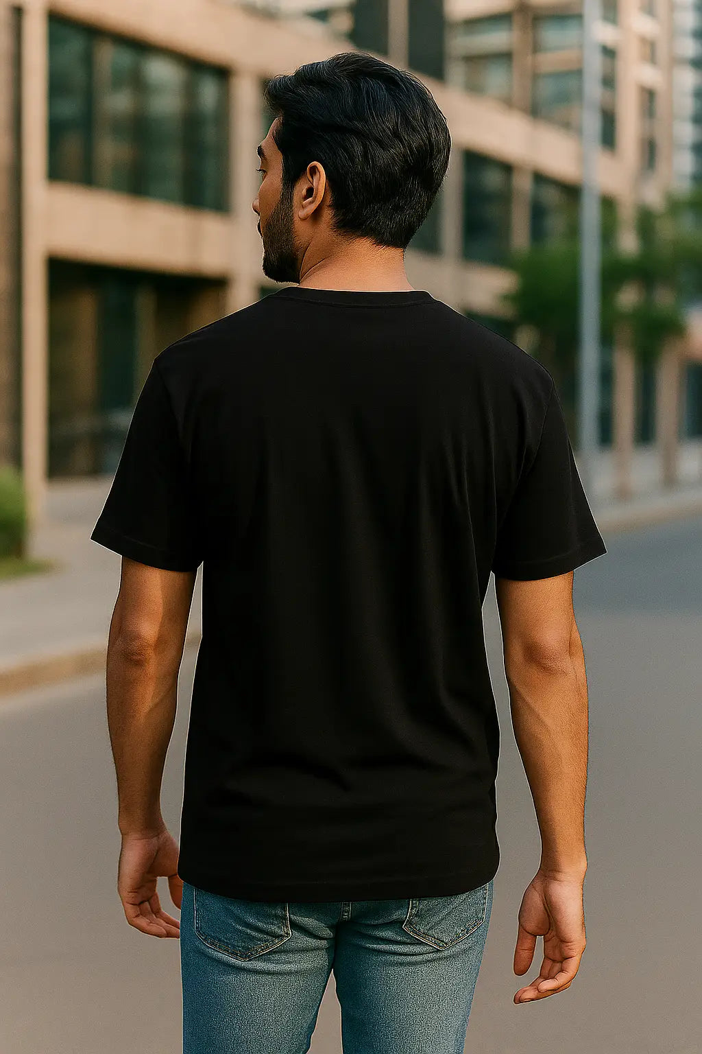 Person wearing a black t-shirt and blue jeans standing on a street with buildings in the background