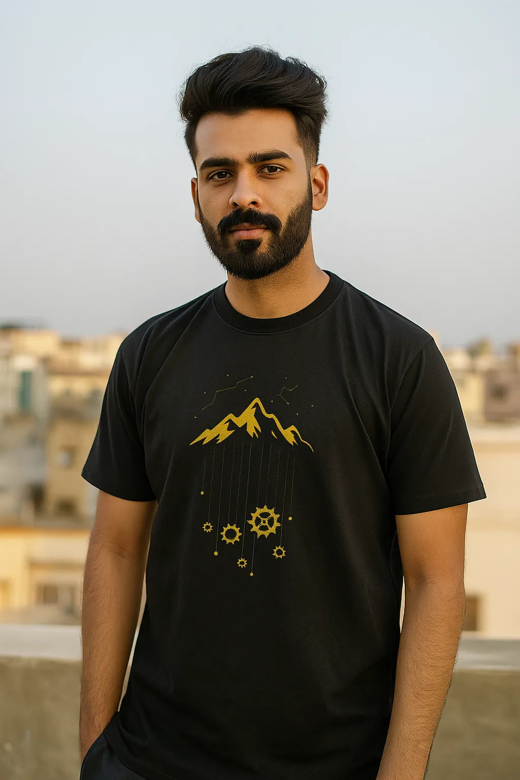 Man wearing a Navy Blue t-shirt with yellow graphics against an urban background