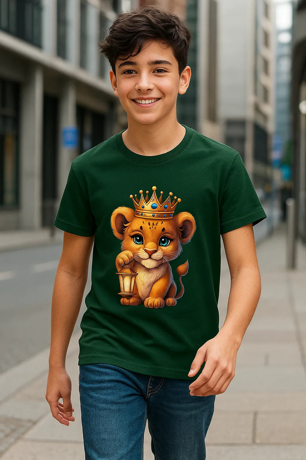 Child wearing a green t-shirt with a lion graphic in an urban setting