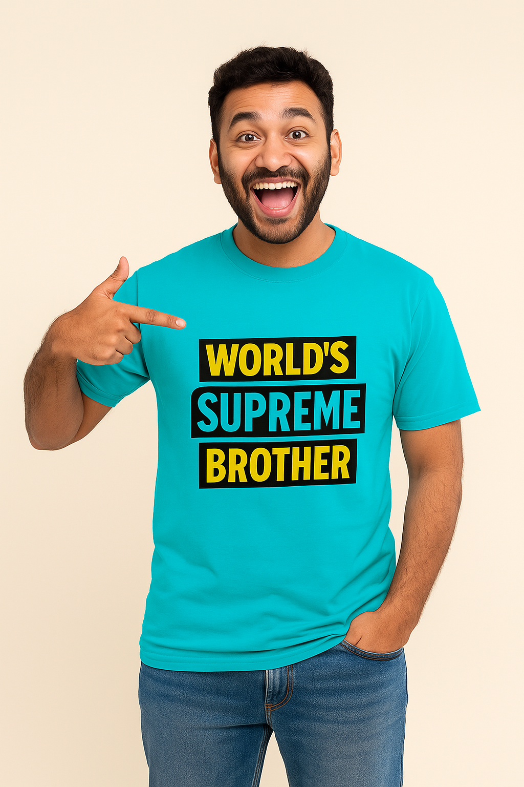 Man wearing a turquoise t-shirt with 'World's Supreme Brother' text, pointing to it.