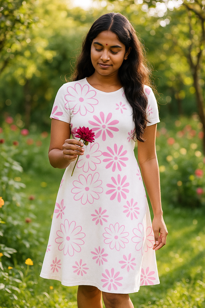 Woman wearing a white dress with pink floral patterns in a garden setting