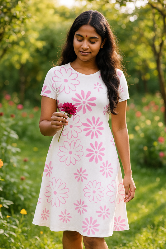 Woman wearing a white dress with pink floral patterns in a garden setting