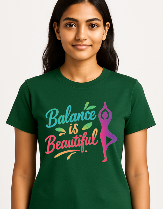 “Balance is Beautiful” yoga-themed women's T-shirt: