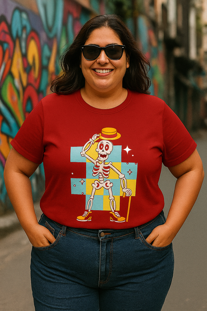 Person wearing a red t-shirt with a colorful skeleton design in an urban setting.