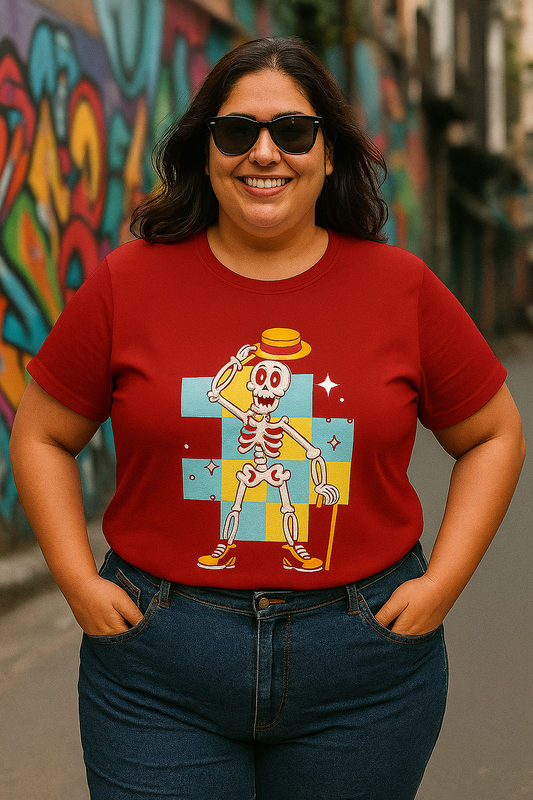 Person wearing a red t-shirt with a colorful skeleton design in an urban setting.