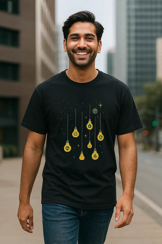 Man wearing a black t-shirt with a graphic design of light bulbs in an urban setting