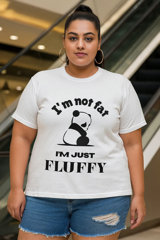 Person wearing a white t-shirt with a panda graphic and text in a mall setting