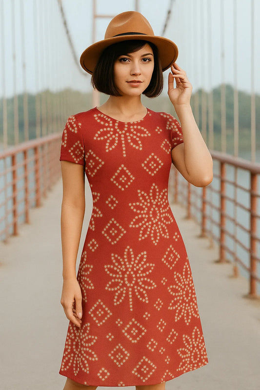 Woman wearing a red patterned dress and brown hat on a bridge