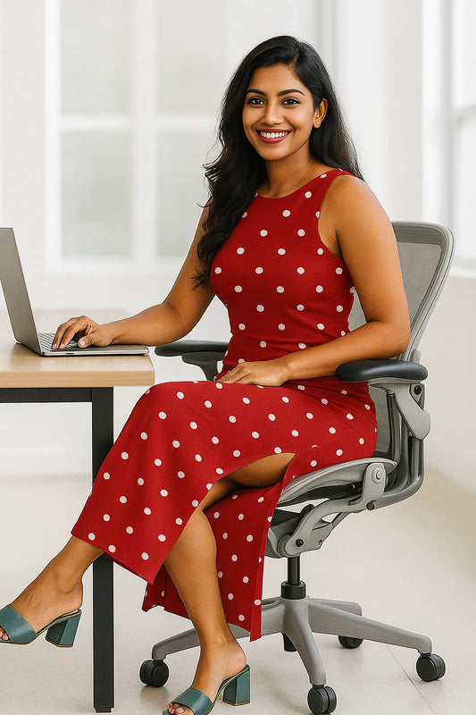 Woman in a red polka dot dress sitting at a desk with a laptop.