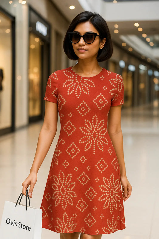 ✨ Modern Red Bandhej Fit & Flare Dress ✨