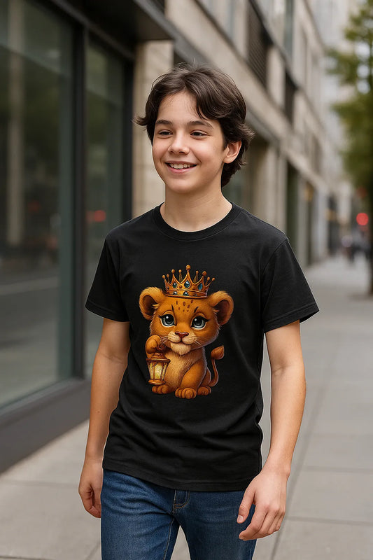 Child wearing a black t-shirt with a lion graphic and crown on a city street.