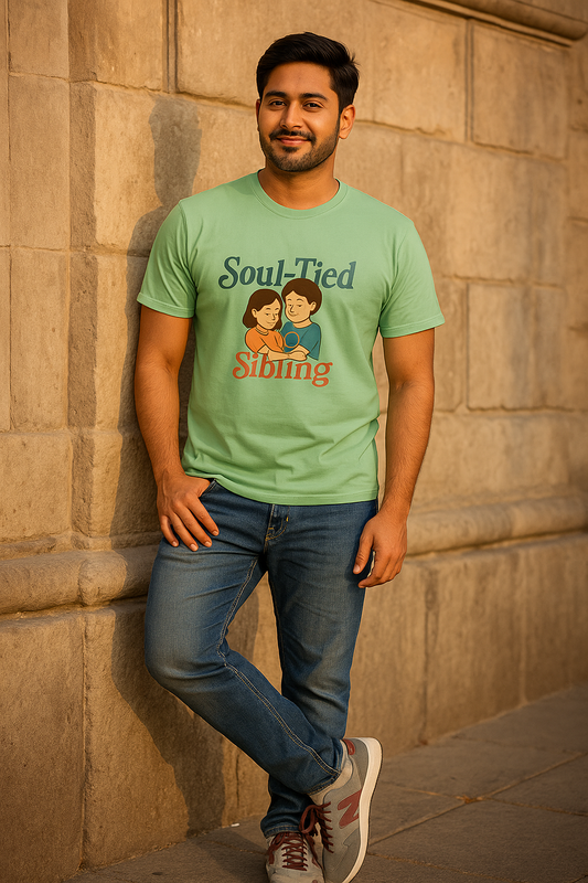 Man wearing a green t-shirt with a graphic design leaning against a stone wall.