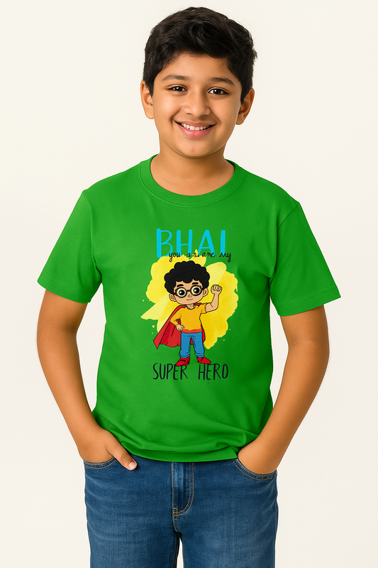 Child wearing a green t-shirt with a superhero design and text.