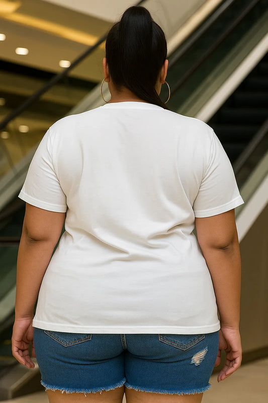 Back Side View Person wearing a white t-shirt and blue shorts standing in front of an escalator.