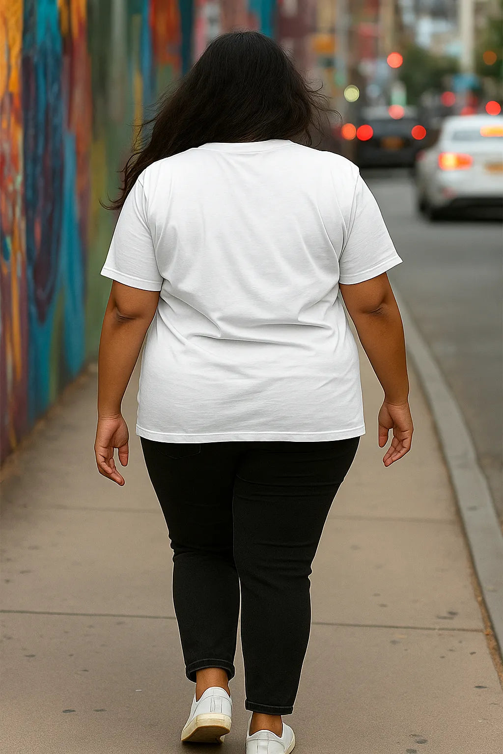 Person wearing a white t-shirt and black pants walking on a sidewalk with a colorful mural in the background.