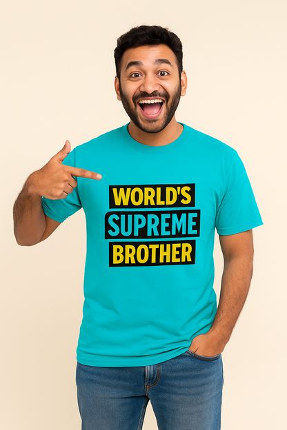 Man wearing a turquoise t-shirt with 'World's Supreme Brother' text, pointing to it.