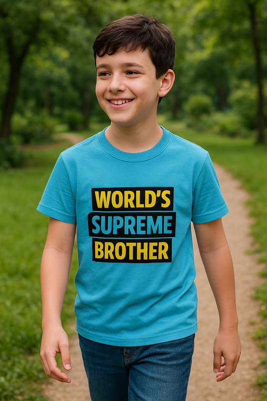 Child wearing a blue t-shirt with 'World's Supreme Brother' text in a park.