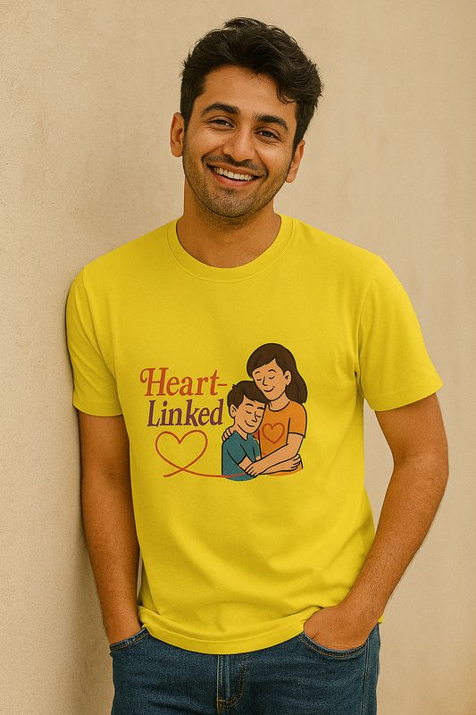 Man wearing a yellow t-shirt with a graphic design and text, standing against a beige background