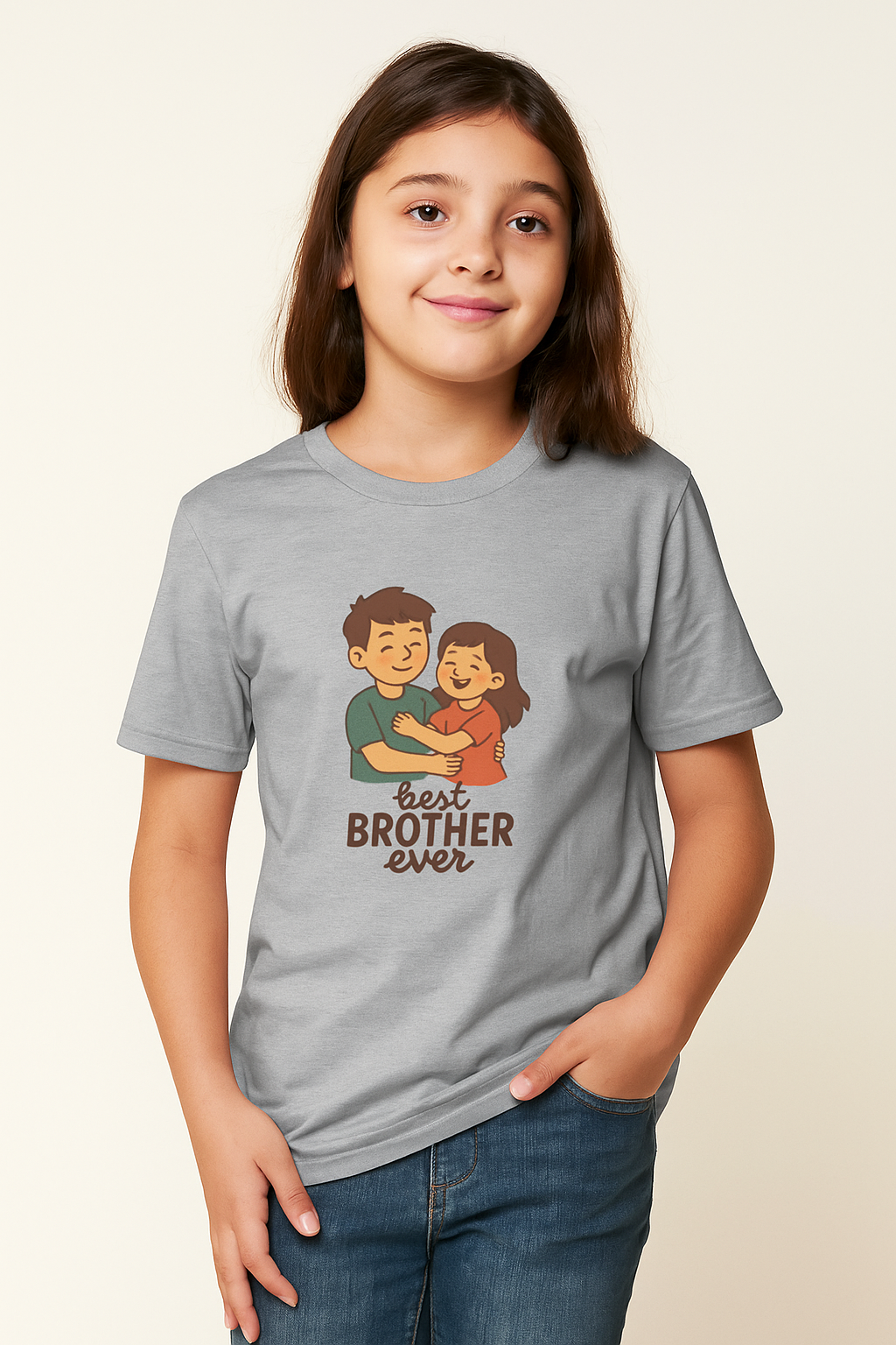 Child wearing a gray t-shirt with a graphic of two people hugging and text 'Best Brother Ever' on a beige background.